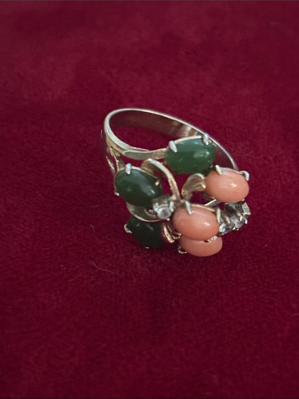 Jade and Coral vintage gold fill ring estimated size 6 with diamond chips